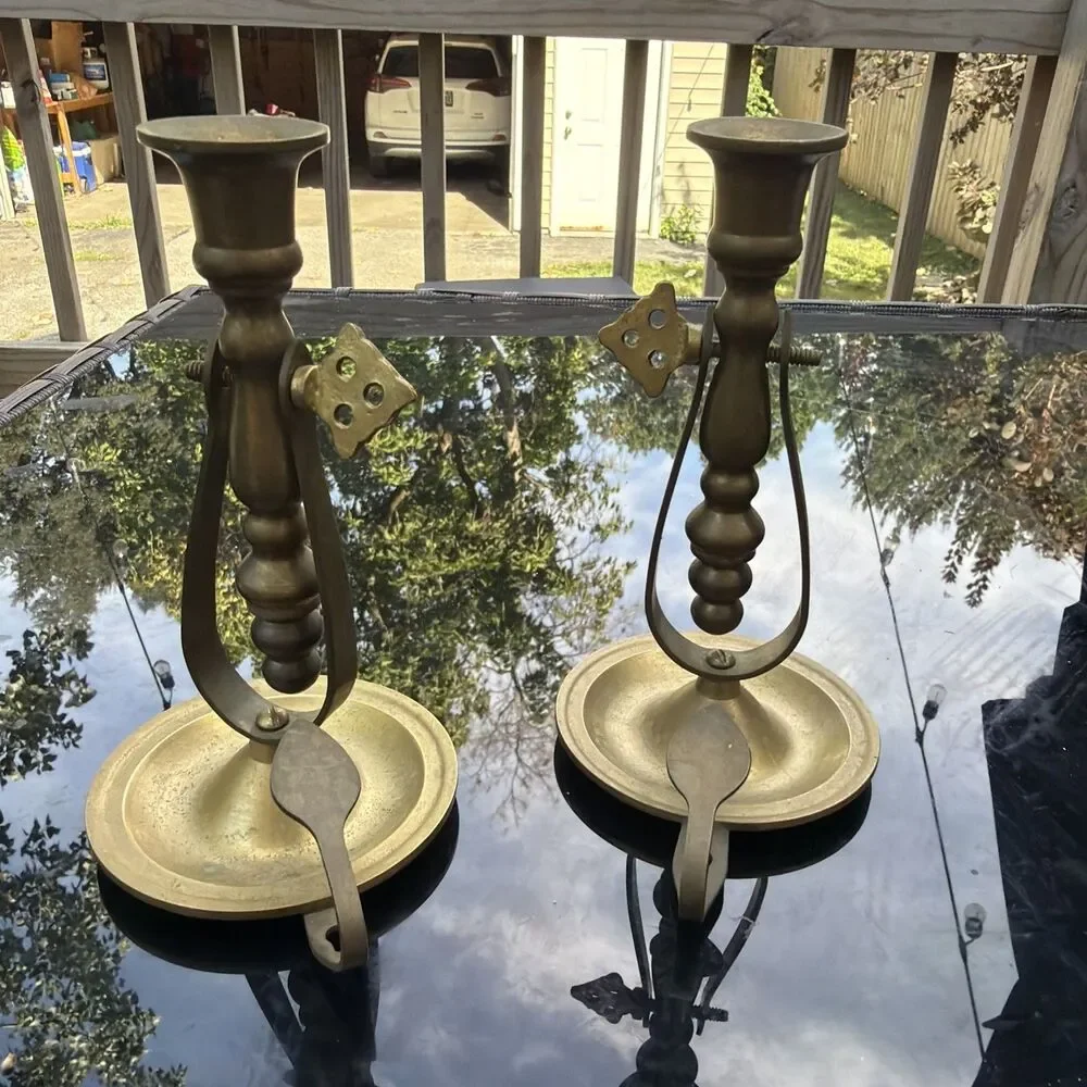 Vintage Pair 2 Brass Gimbal Swivel Nautical Ships Chamberstick Candle Holder 6”